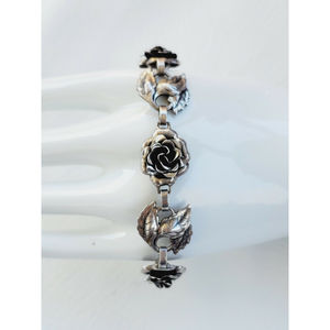 DANECRAFT R Vintage Sterling Silver Floral Rose and Leaf Link Bracelet RARE